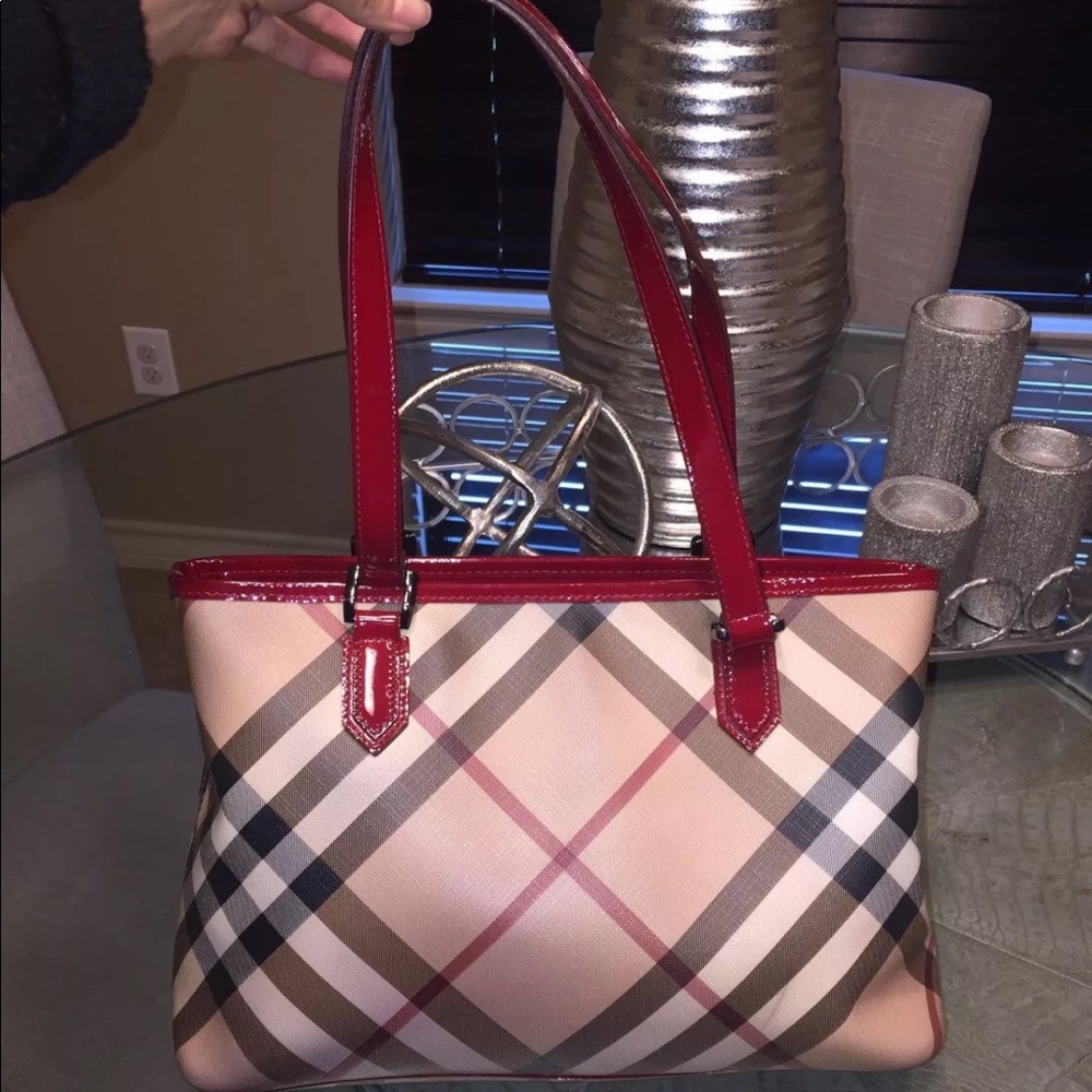 Burberry Red Novacheck Tote Purse Handbag